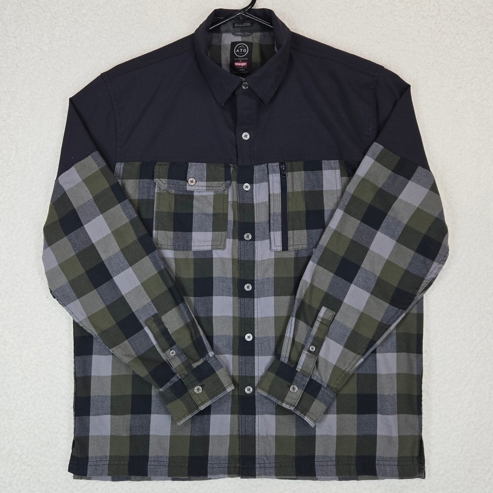 Wrangler ATG Shirt Mens L Green Plaid Flannel Hybrid Utility Trekking Yoke - Picture 4 of 13